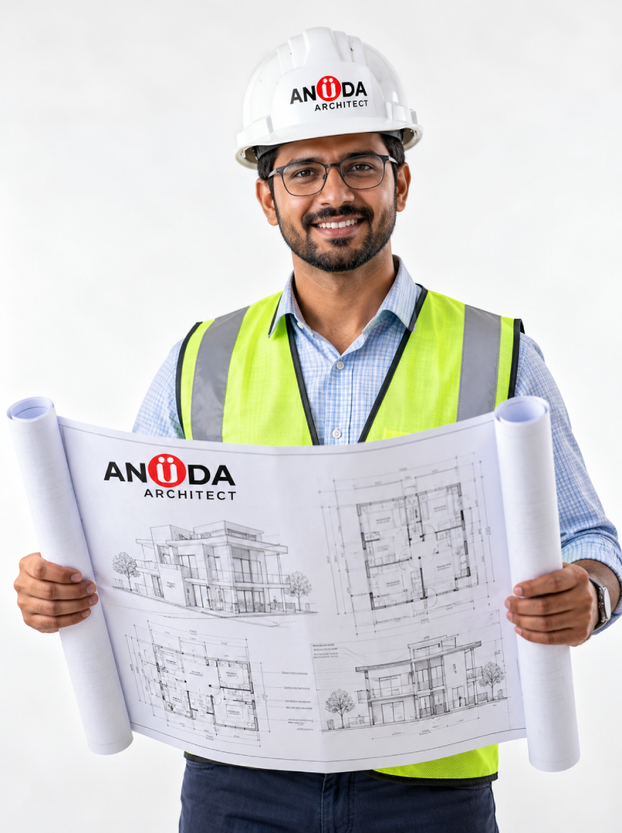 Architect with blueprint plans